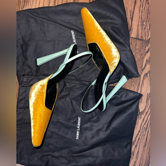Saint Laurent Velvet Heels in Yellow and Mint - Picture 5 of 5